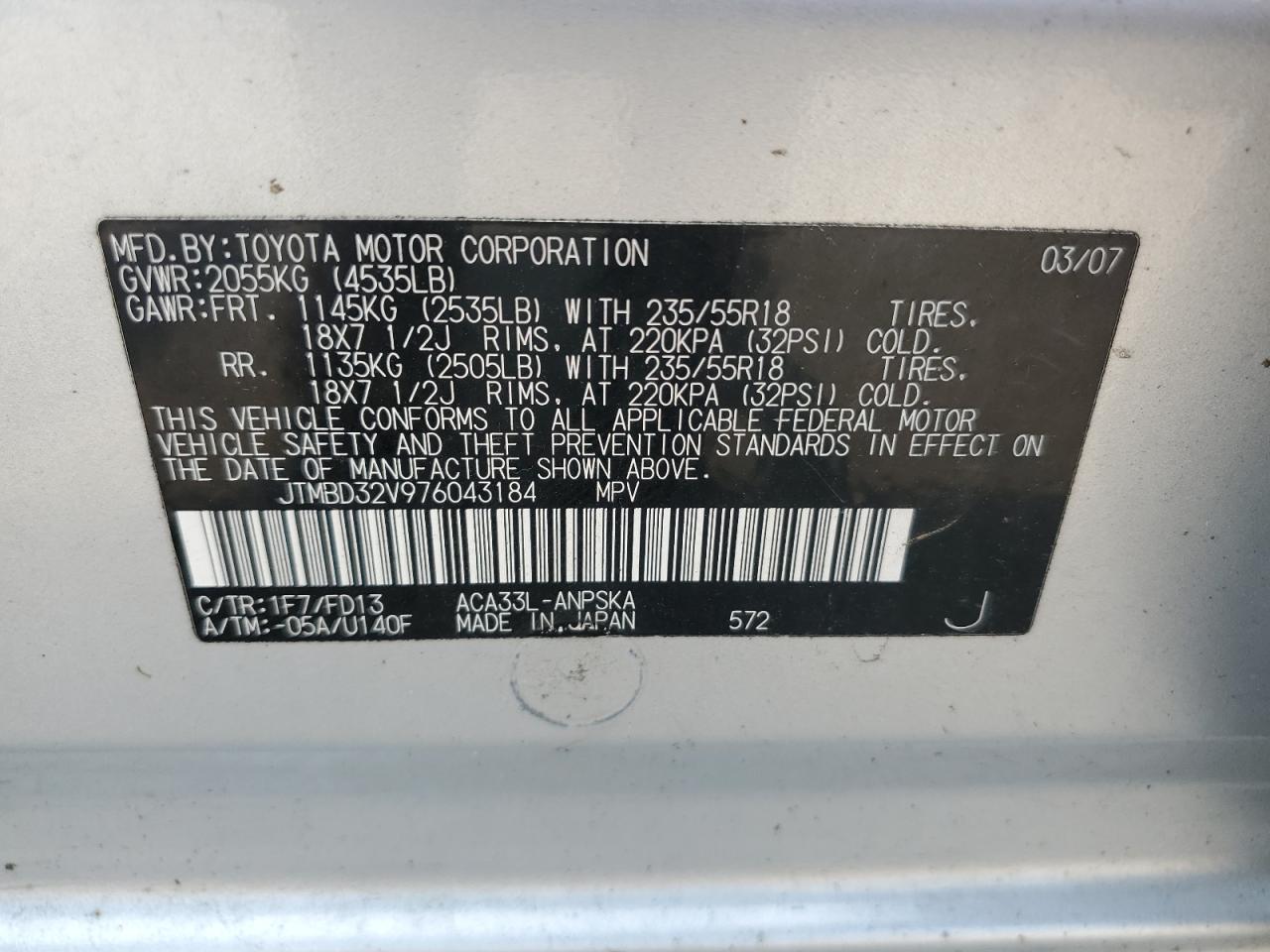 2007 Toyota Rav4 Sport VIN: JTMBD32V976043184 Lot: 67803594