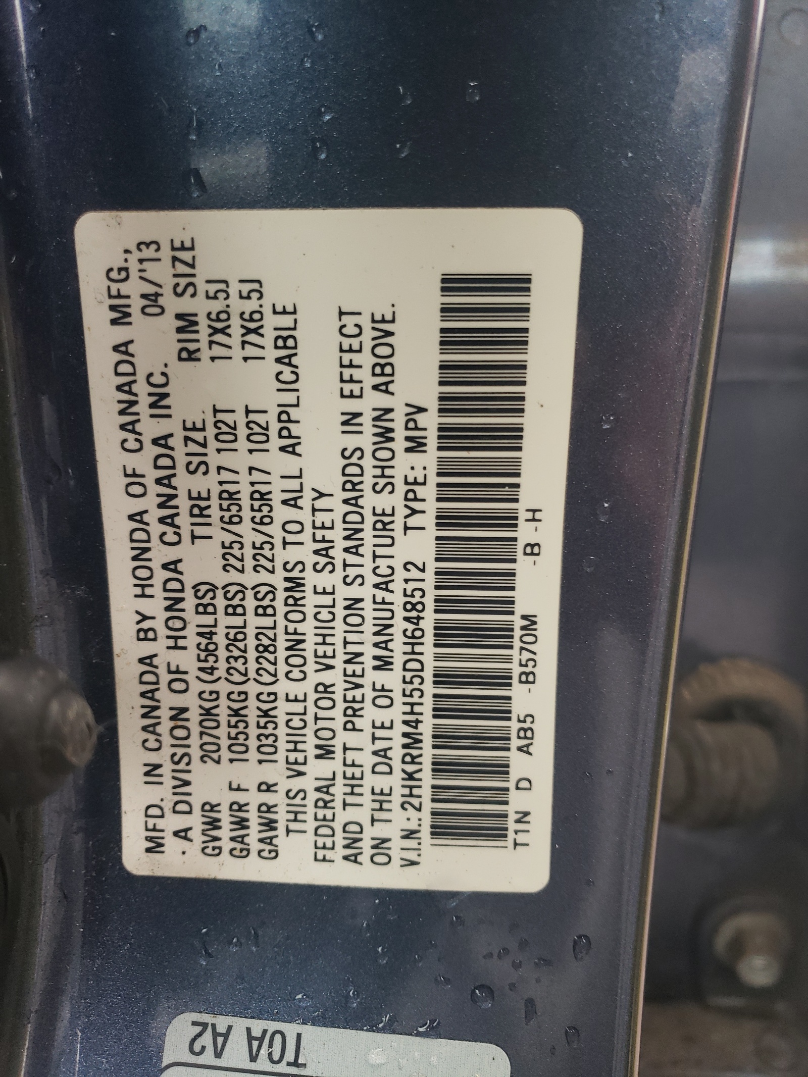 2HKRM4H55DH648512 2013 Honda Cr-V Ex