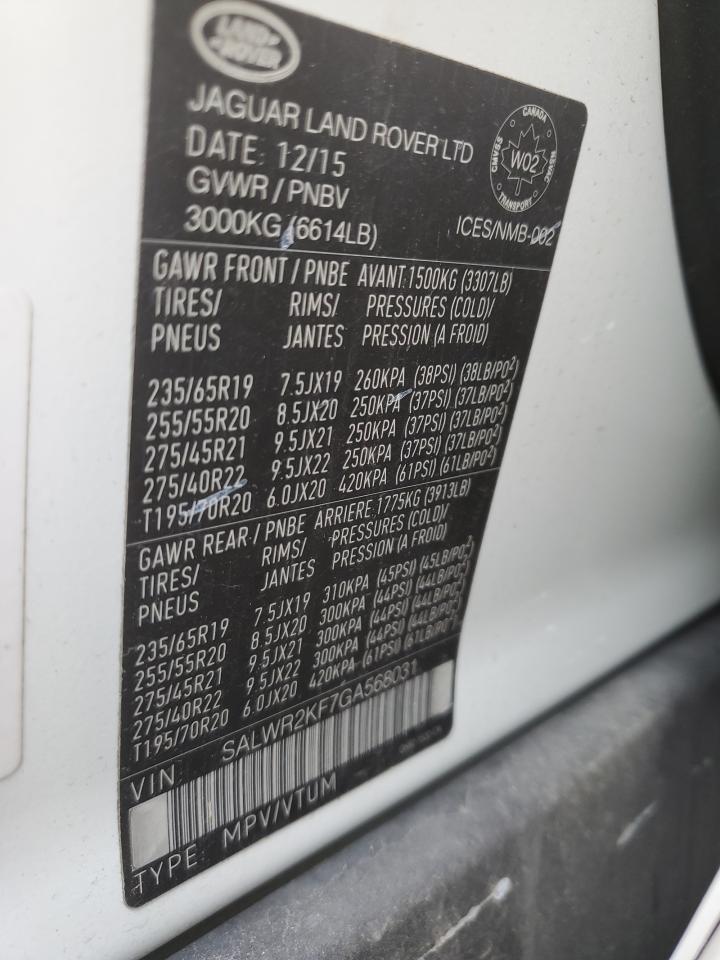 2016 Land Rover Range Rover Sport Hse VIN: SALWR2KF7GA568031 Lot: 67546294