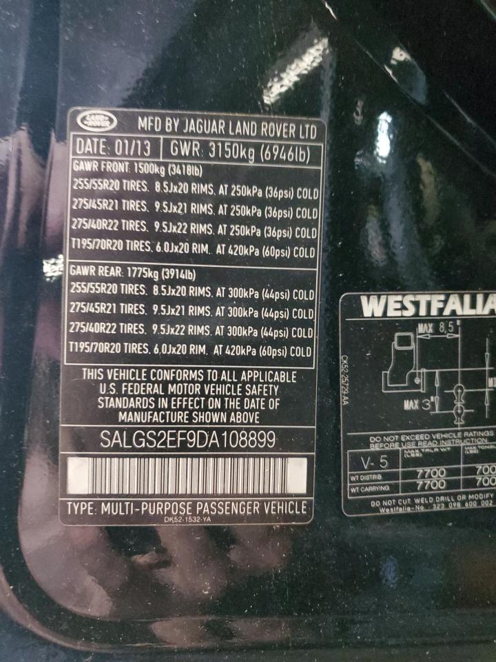 2013 Land Rover Range Rover Supercharged VIN: SALGS2EF9DA108899 Lot: 65896134