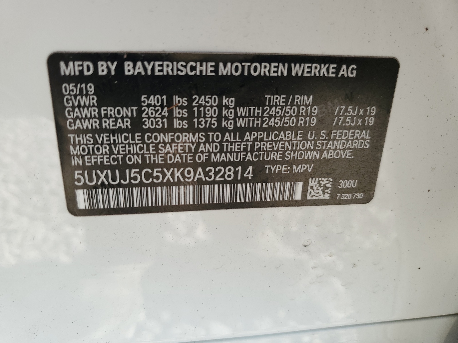 5UXUJ5C5XK9A32814 2019 BMW X4 M40I