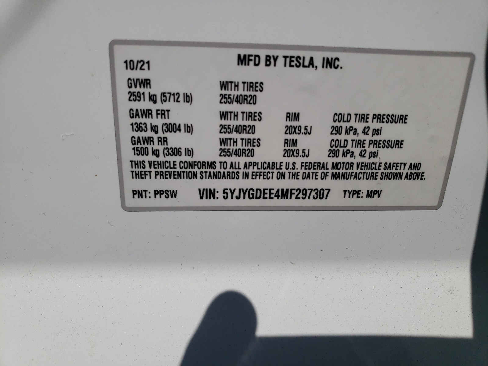 5YJYGDEE4MF297307 2021 Tesla Model Y