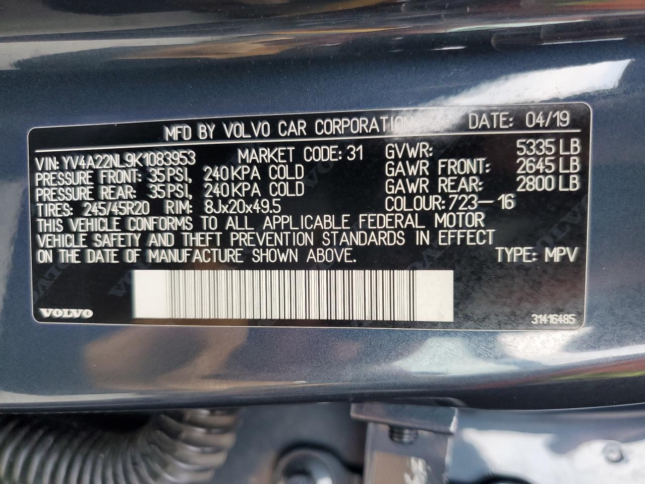 2019 Volvo V90 Cross Country T6 Inscription VIN: YV4A22NL9K1083953 Lot: 65525484