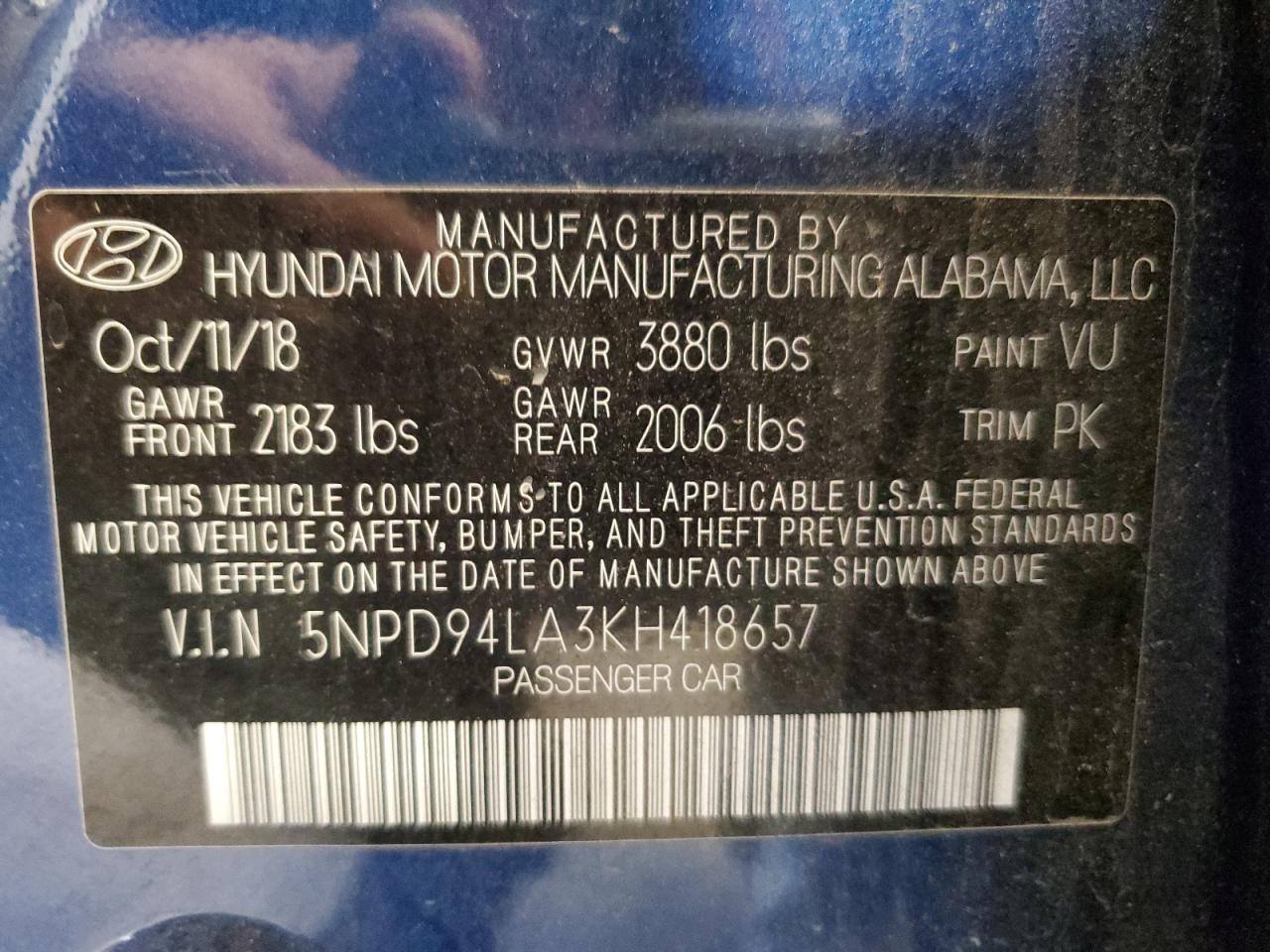 2019 Hyundai Elantra Eco VIN: 5NPD94LA3KH418657 Lot: 65894214