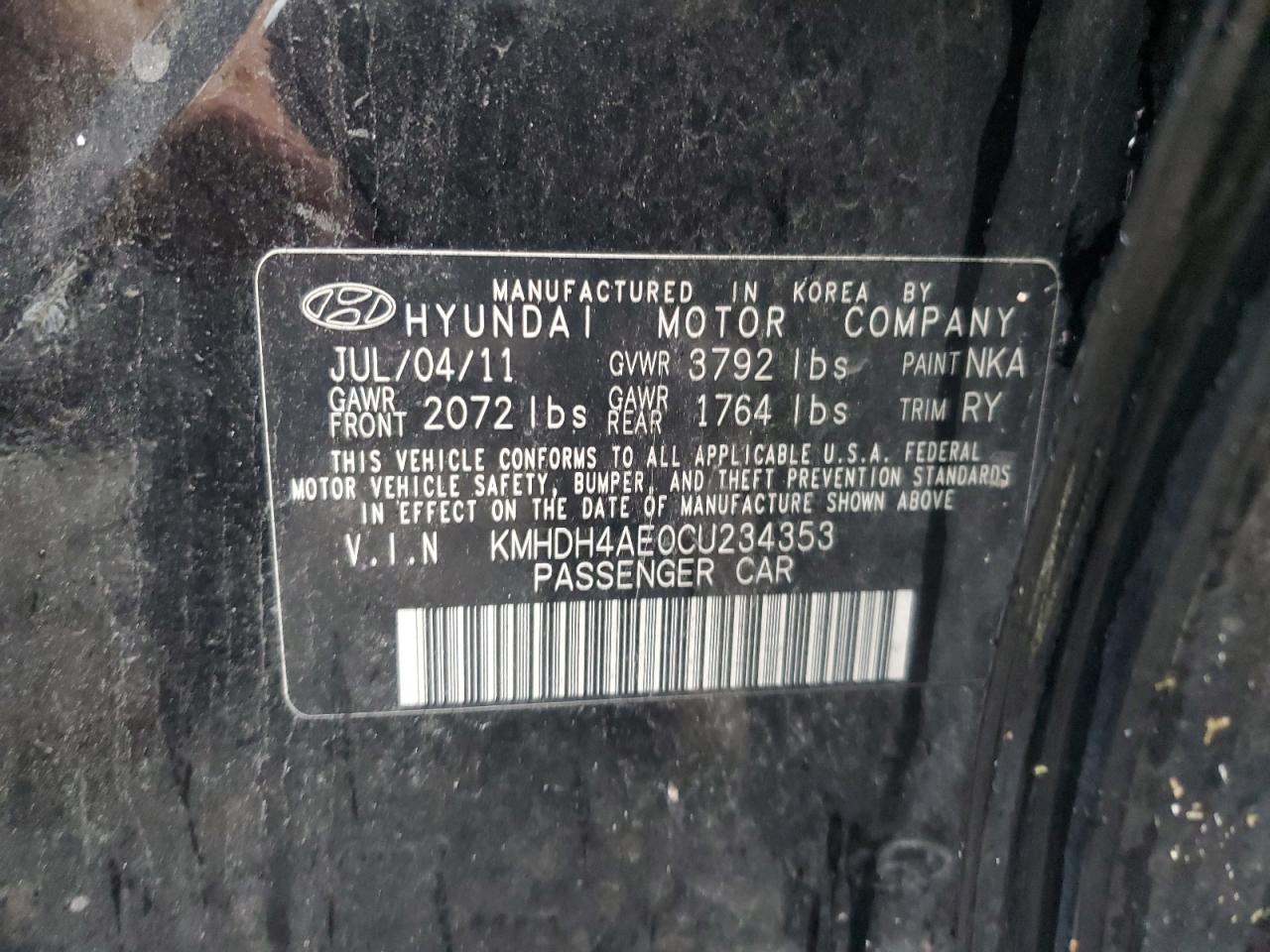 2012 Hyundai Elantra Gls VIN: KMHDH4AE0CU234353 Lot: 68098734