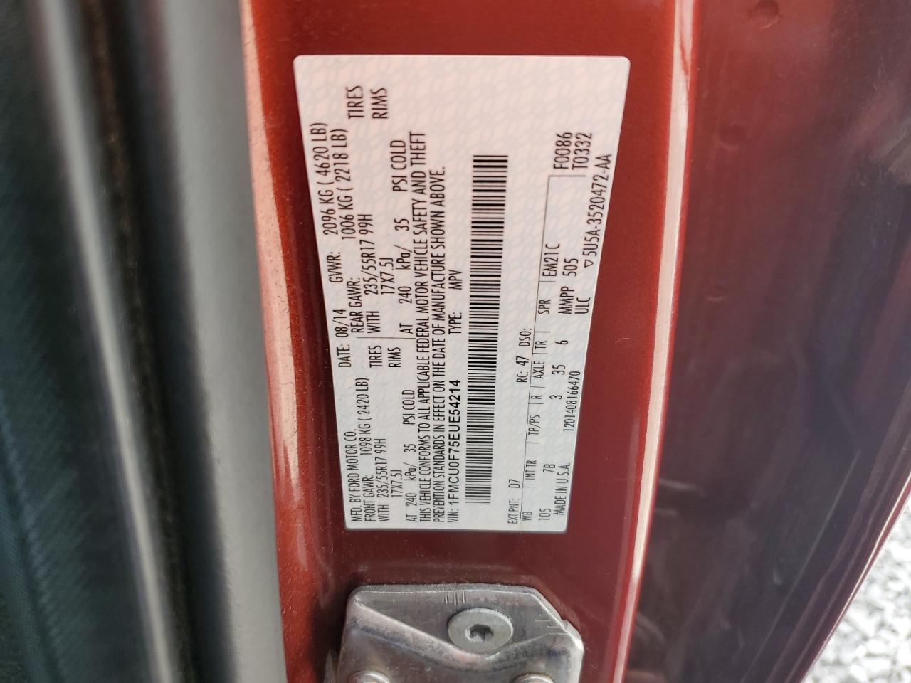 2014 Ford Escape S VIN: 1FMCU0F75EUE54214 Lot: 67838024