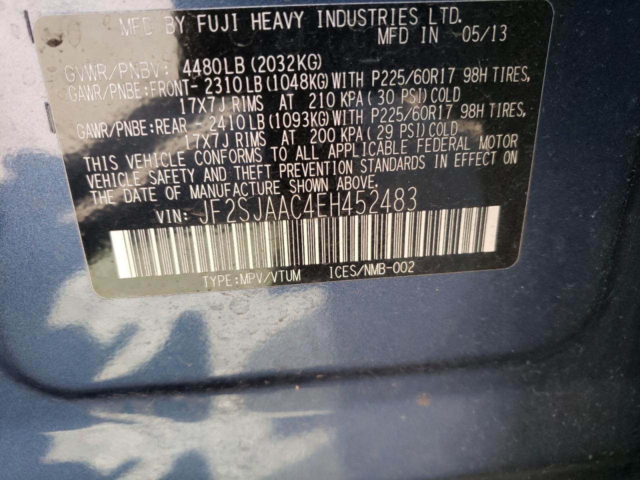 2014 Subaru Forester 2.5I VIN: JF2SJAAC4EH452483 Lot: 67959054