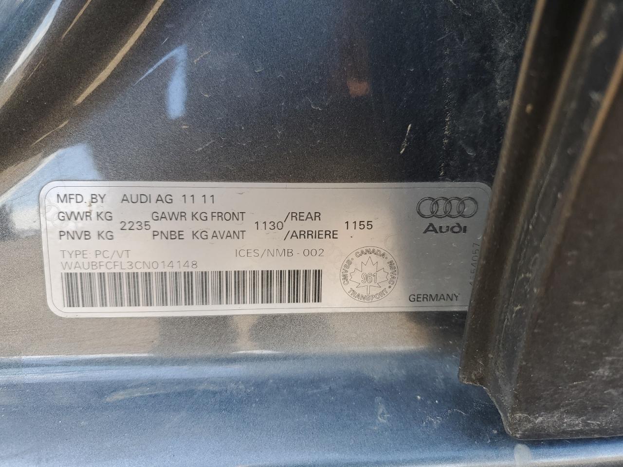 2012 Audi A4 Premium VIN: WAUBFCFL3CN014148 Lot: 69315064