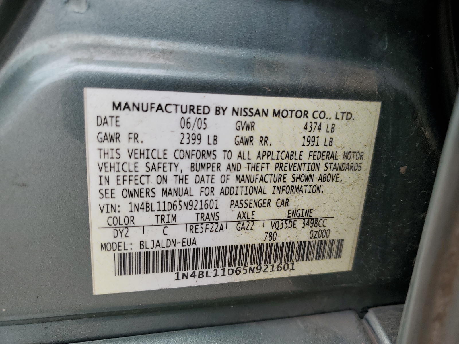1N4BL11D65N921601 2005 Nissan Altima Se