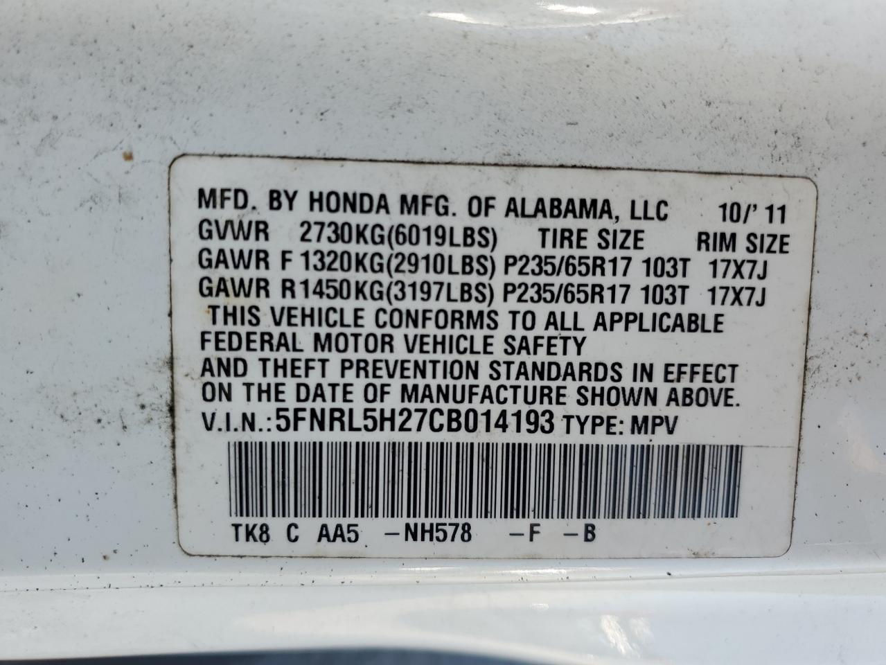 5FNRL5H27CB014193 2012 Honda Odyssey Lx