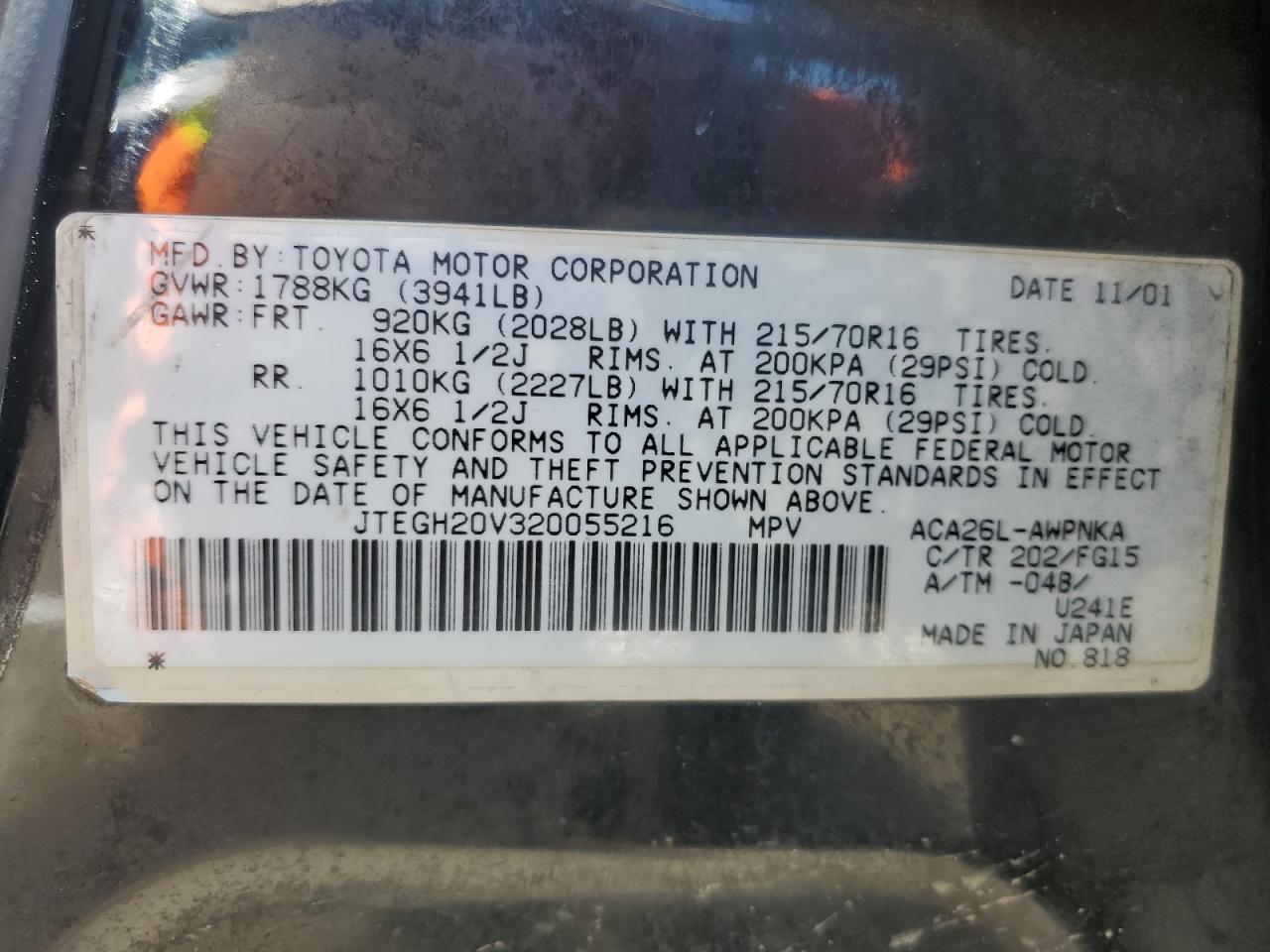 2002 Toyota Rav4 VIN: JTEGH20V320055216 Lot: 67192504