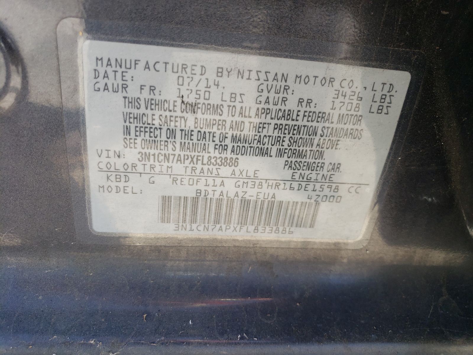 3N1CN7APXFL833886 2015 Nissan Versa S