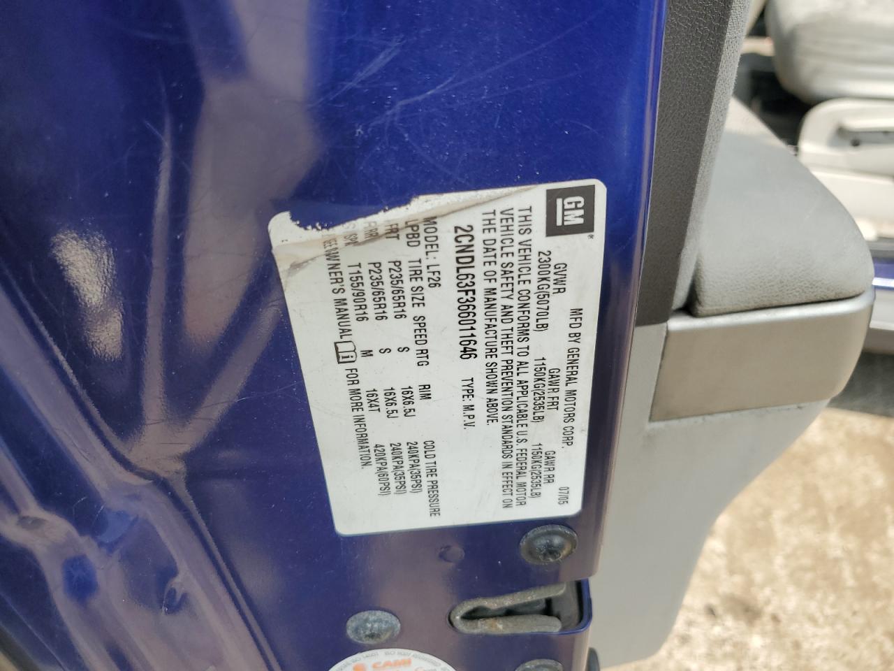 2006 Chevrolet Equinox Lt VIN: 2CNDL63F366011646 Lot: 67057114