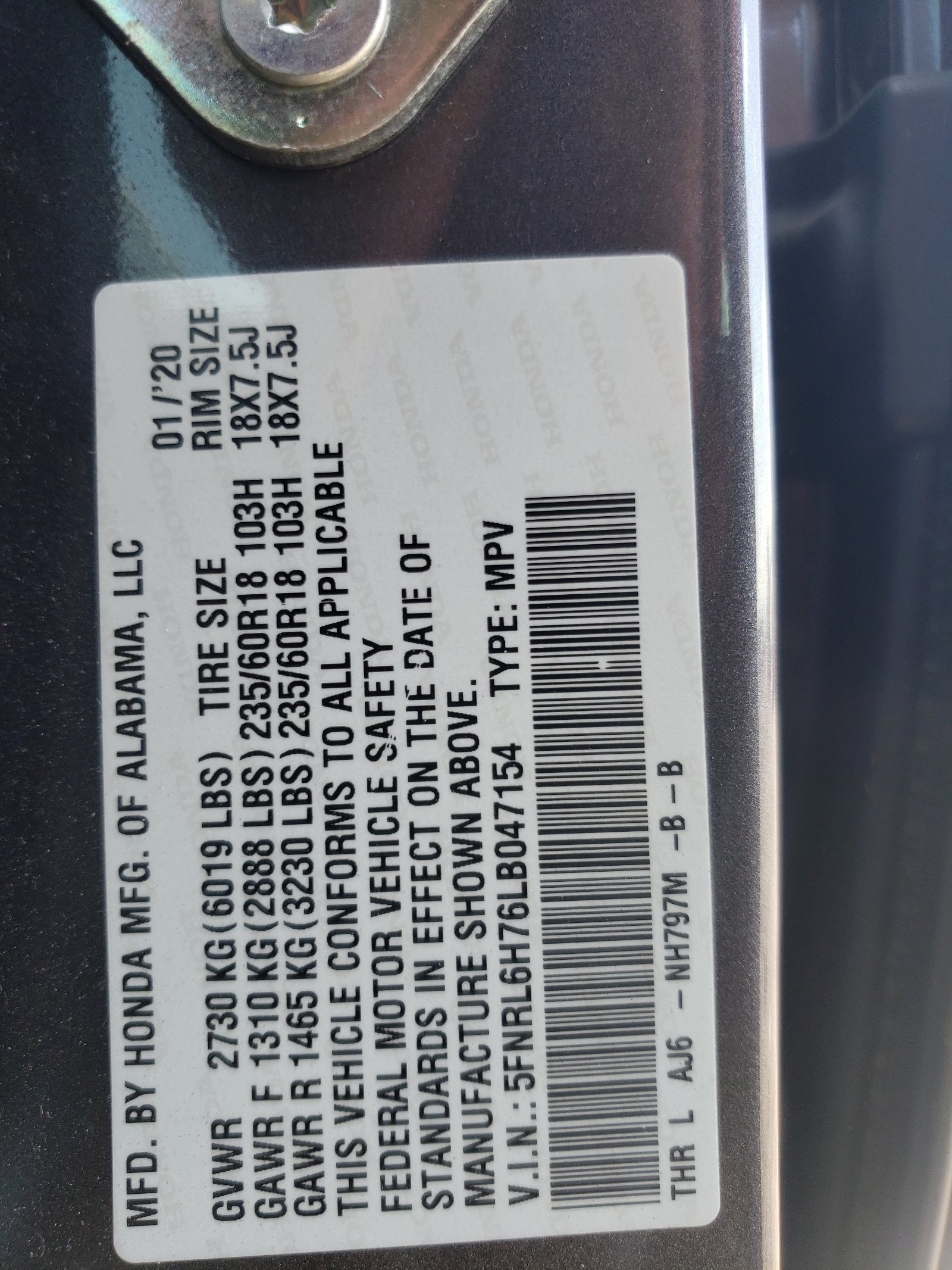 5FNRL6H76LB047154 2020 Honda Odyssey Exl