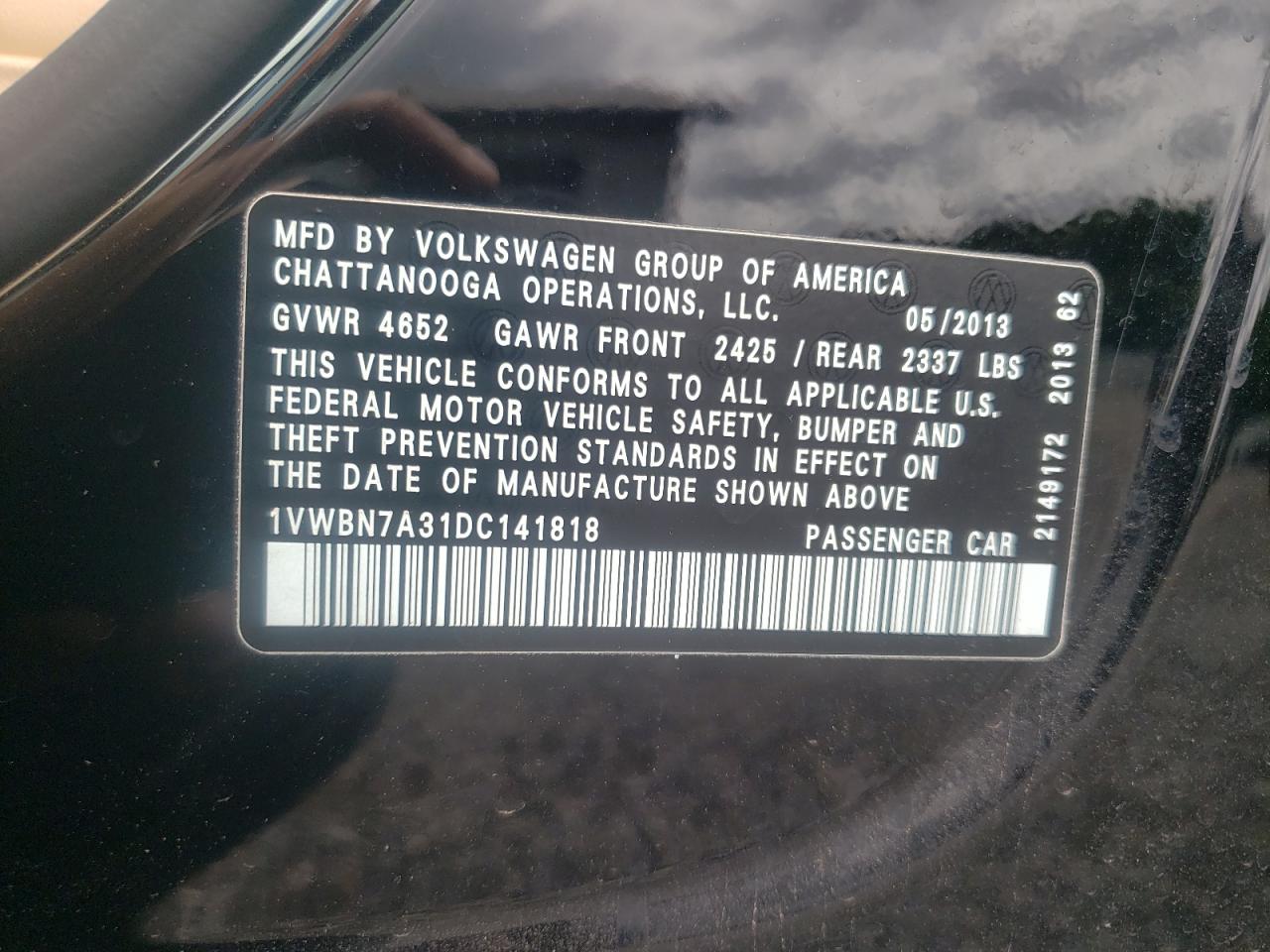 2013 Volkswagen Passat Se VIN: 1VWBN7A31DC141818 Lot: 66976854