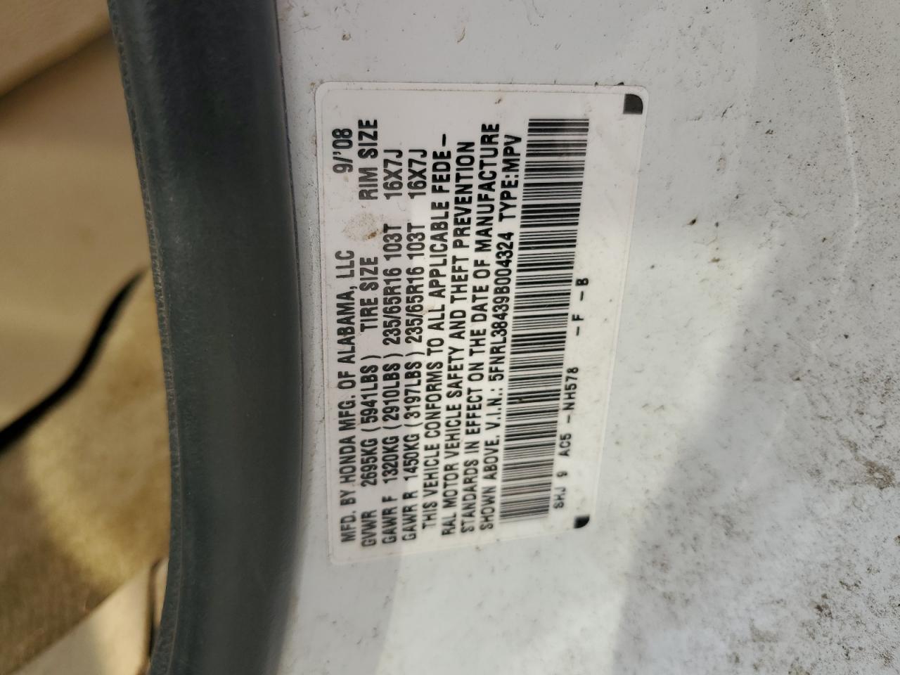 5FNRL38439B004324 2009 Honda Odyssey Ex