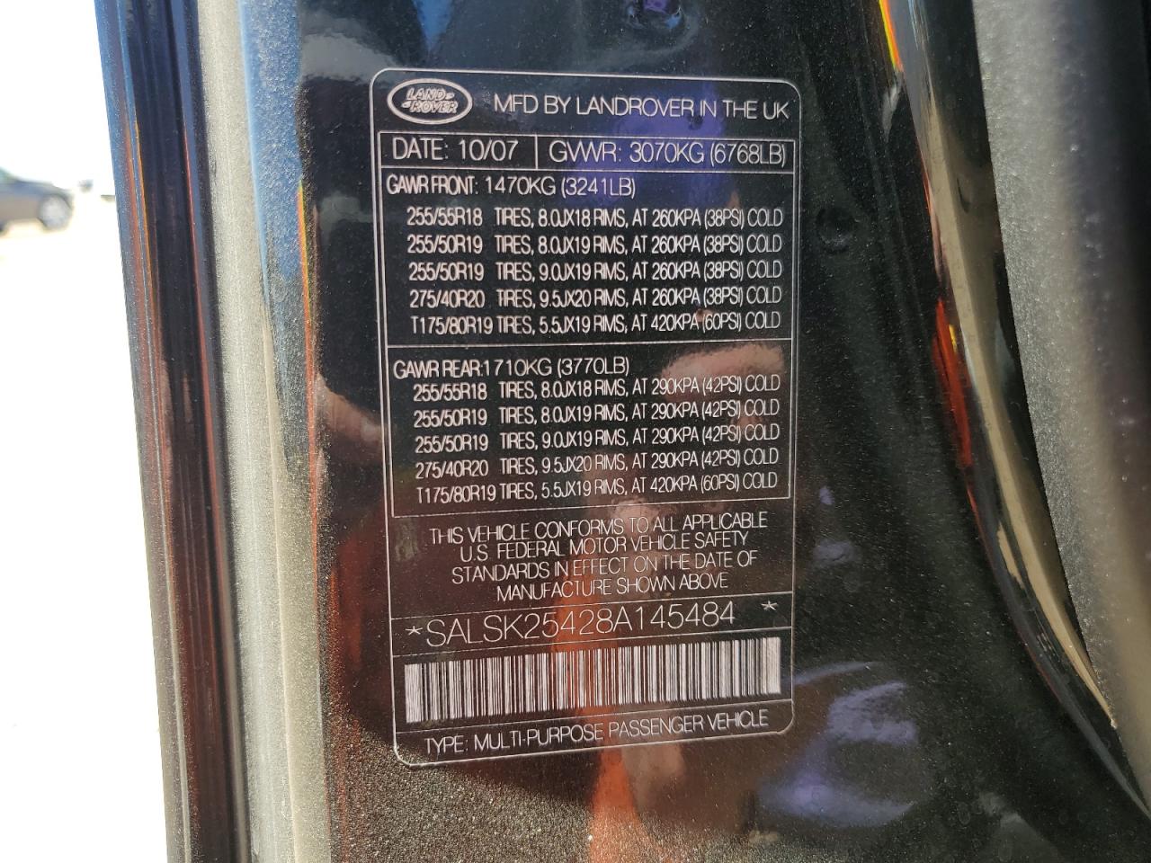 2008 Land Rover Range Rover Sport Hse VIN: SALSK25428A145484 Lot: 68143084