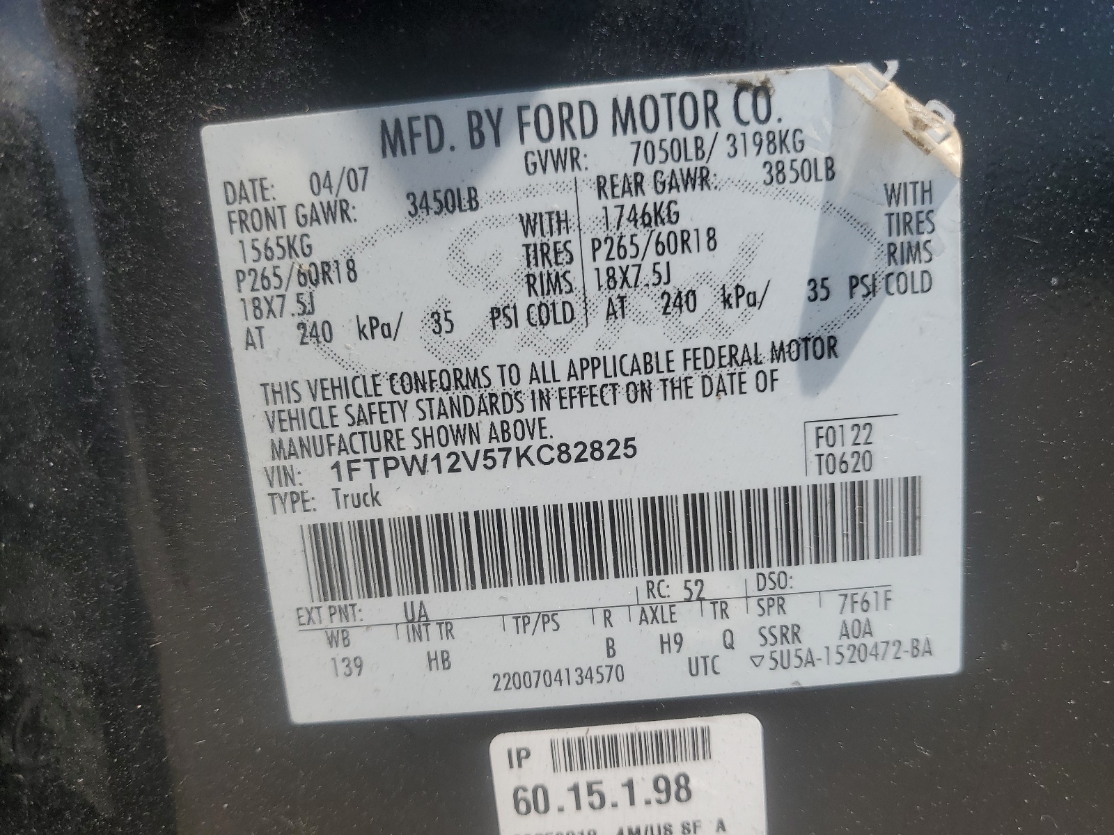 1FTPW12V57KC82825 2007 Ford F150 Supercrew