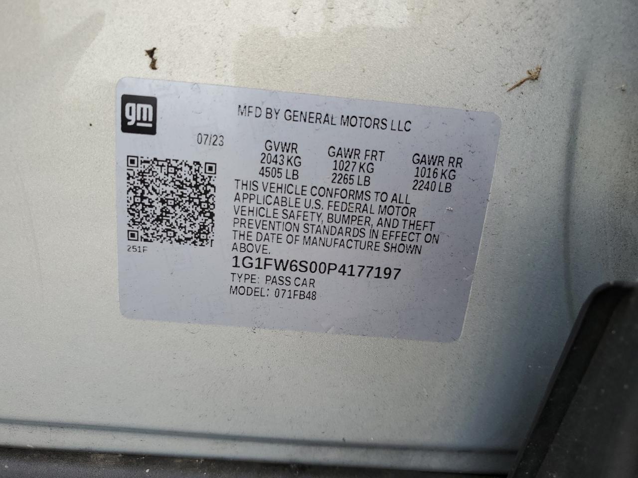 1G1FW6S00P4177197 2023 Chevrolet Bolt Ev 1Lt