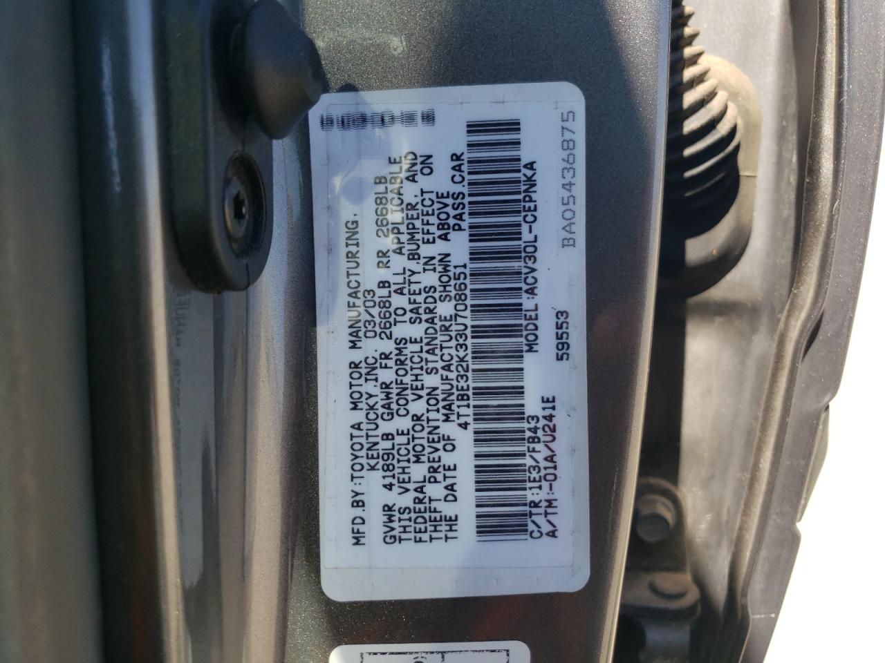 2003 Toyota Camry Le VIN: 4T1BE32K33U708651 Lot: 65971864