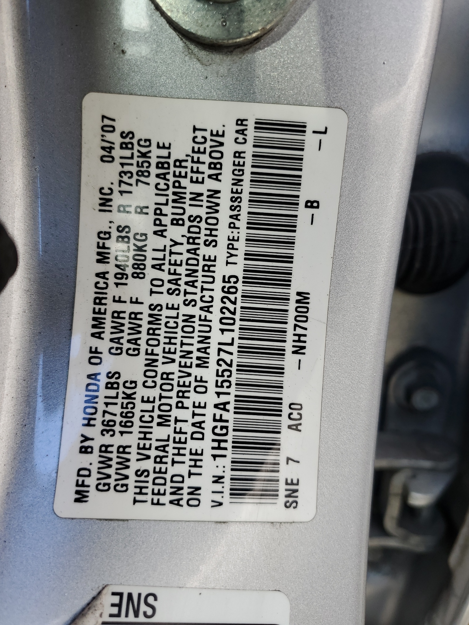 1HGFA15527L102265 2007 Honda Civic Lx