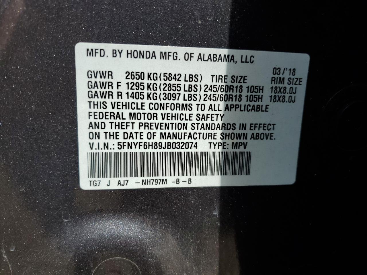 2018 Honda Pilot Exl VIN: 5FNYF6H89JB032074 Lot: 67107544