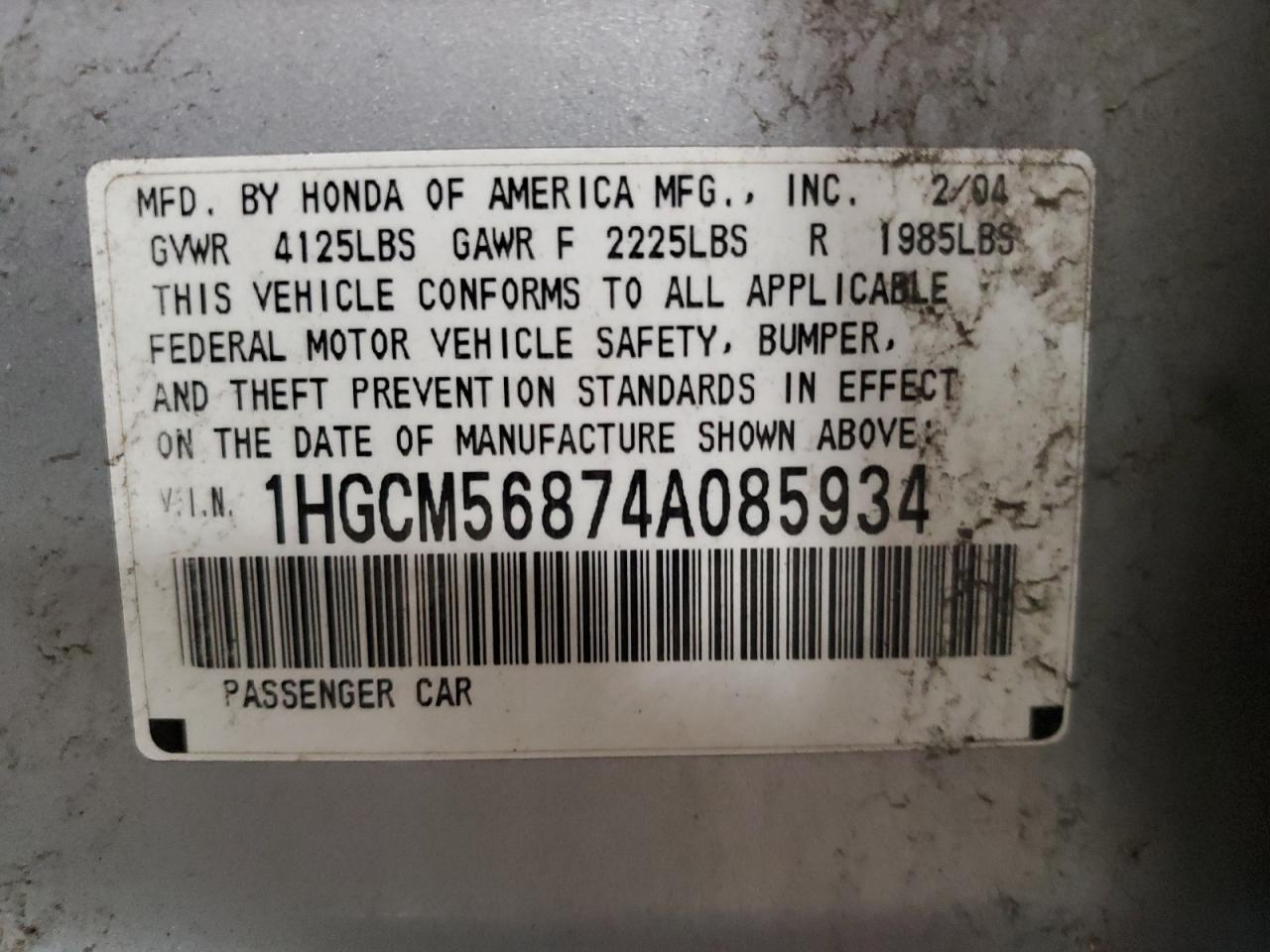 2004 Honda Accord Ex VIN: 1HGCM56874A085934 Lot: 67157664