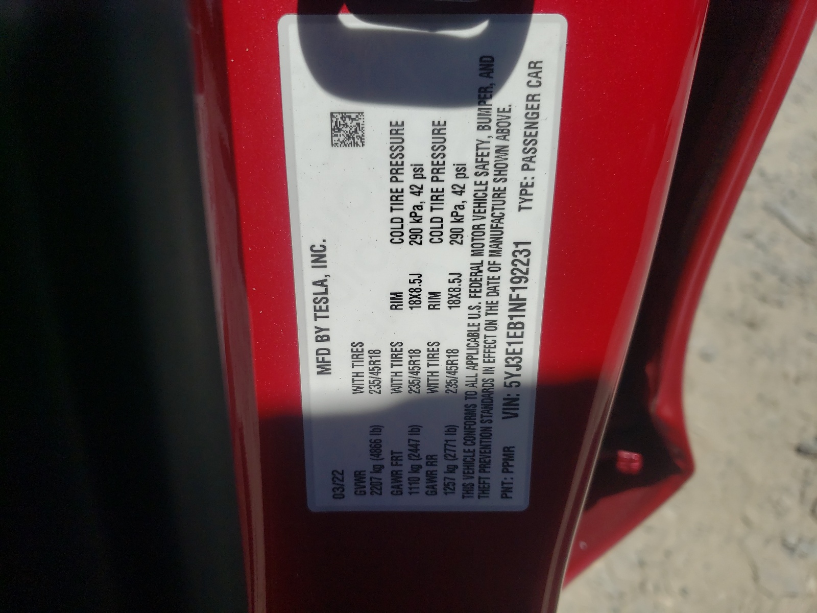 5YJ3E1EB1NF192231 2022 Tesla Model 3