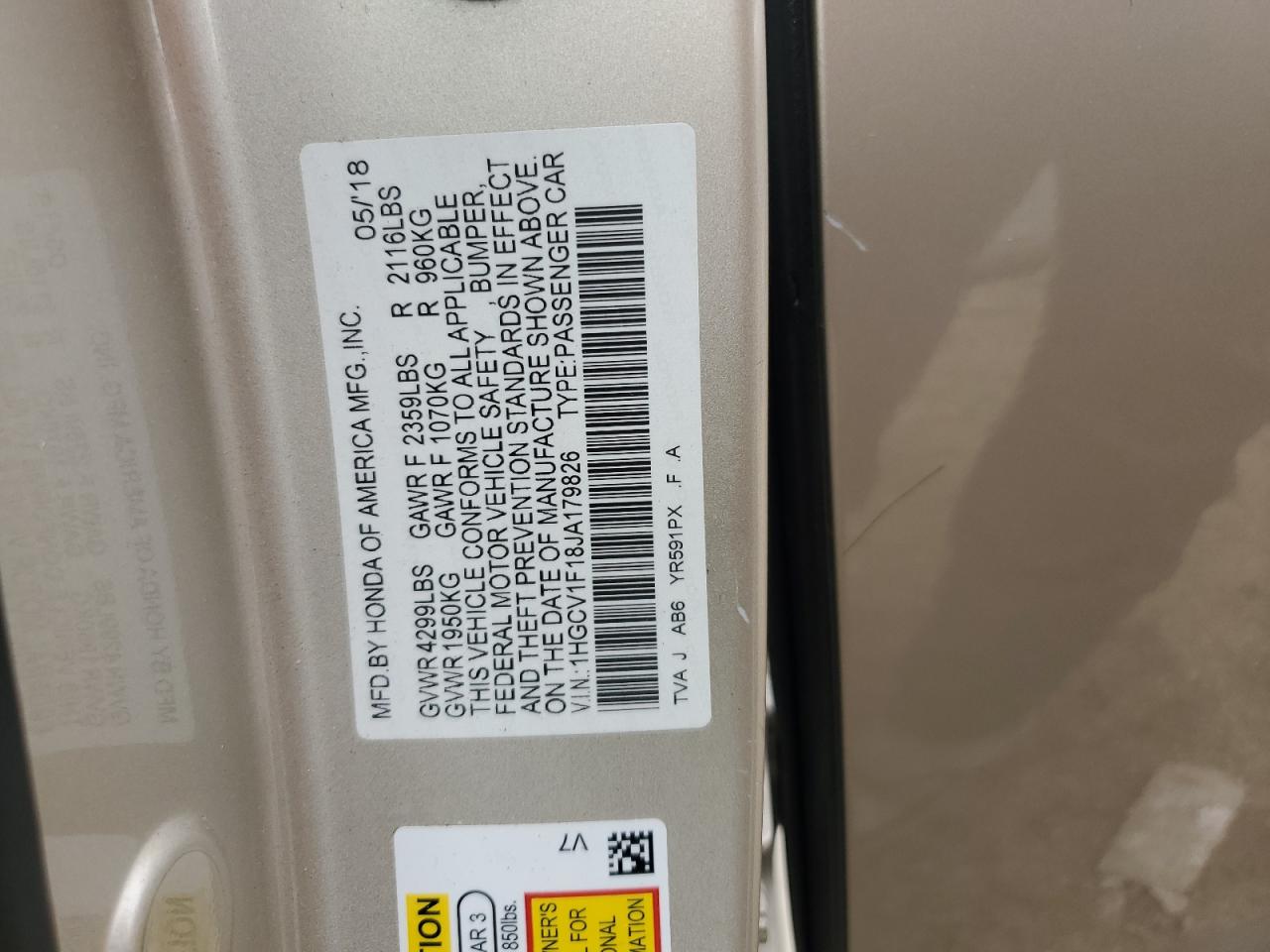 1HGCV1F18JA179826 2018 Honda Accord Lx