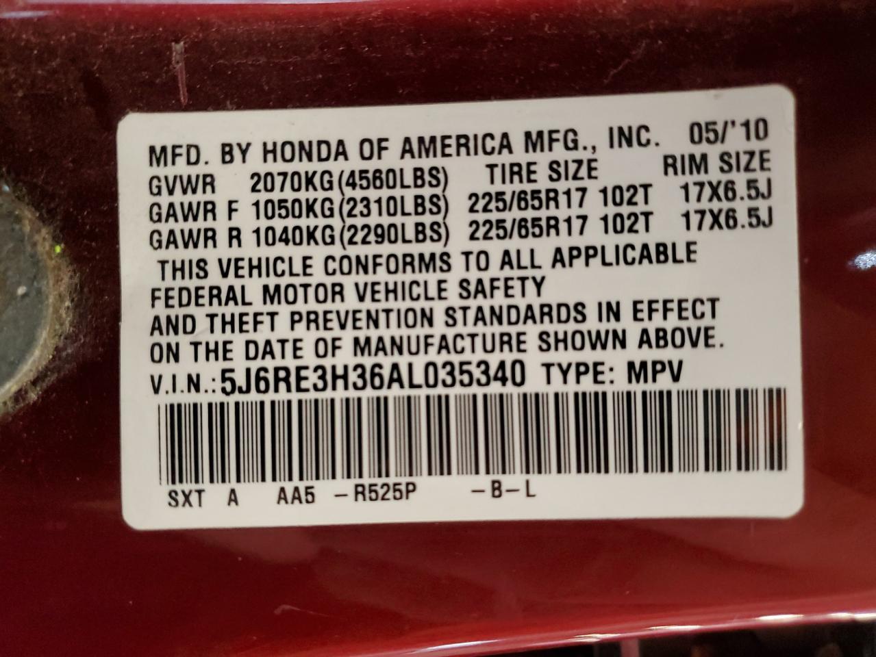 2010 Honda Cr-V Lx VIN: 5J6RE3H36AL035340 Lot: 66545194