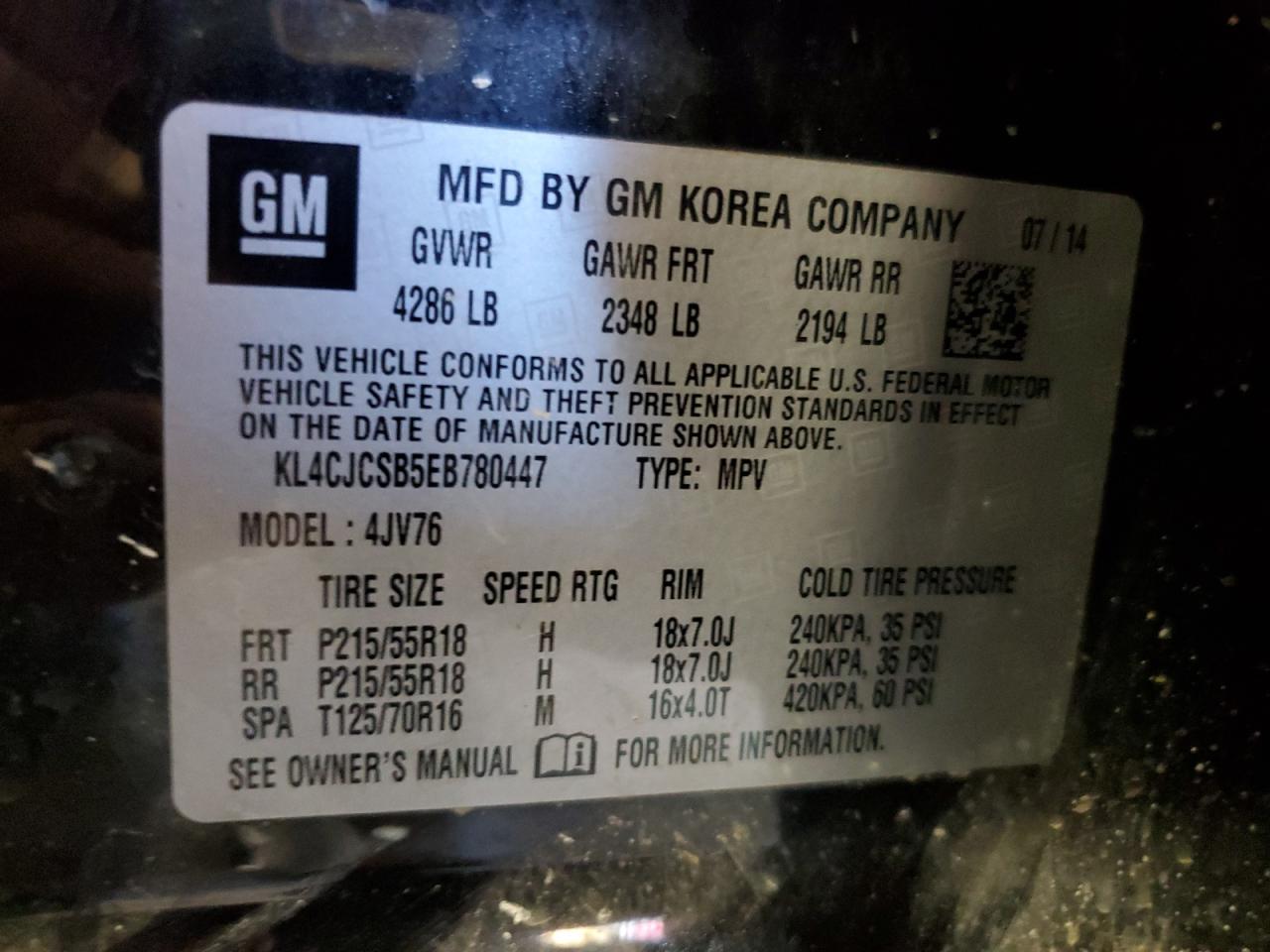 2014 Buick Encore VIN: KL4CJCSB5EB780447 Lot: 65849454