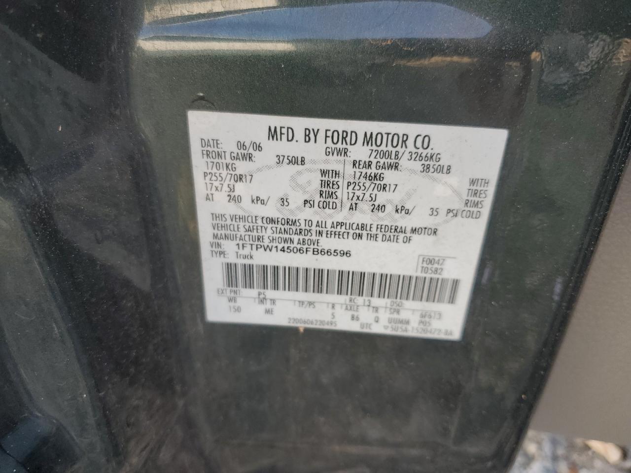 2006 Ford F150 Supercrew VIN: 1FTPW14506FB66596 Lot: 63001024