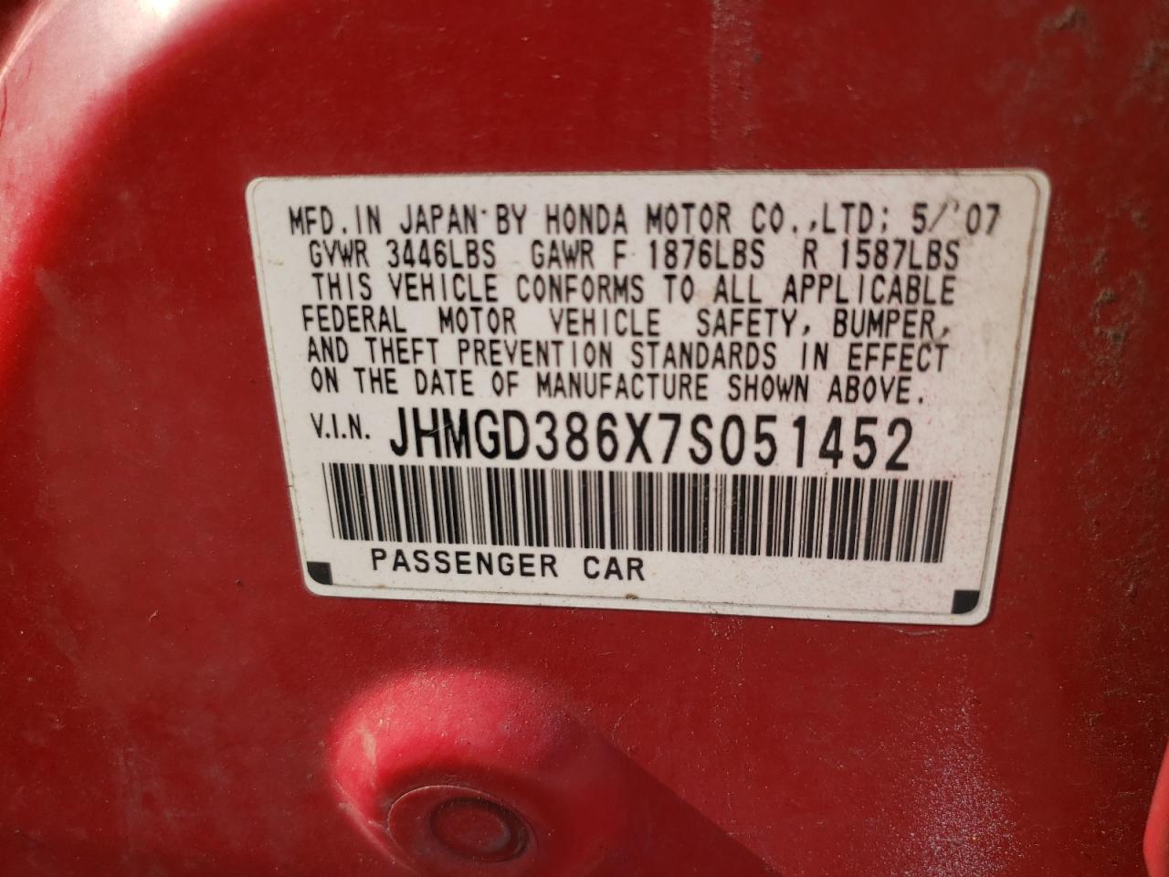 2007 Honda Fit S VIN: JHMGD386X7S051452 Lot: 67180834