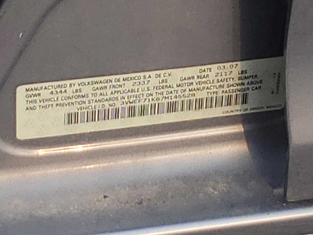2007 Volkswagen Jetta Wolfsburg VIN: 3VWEF71K67M145528 Lot: 66808654