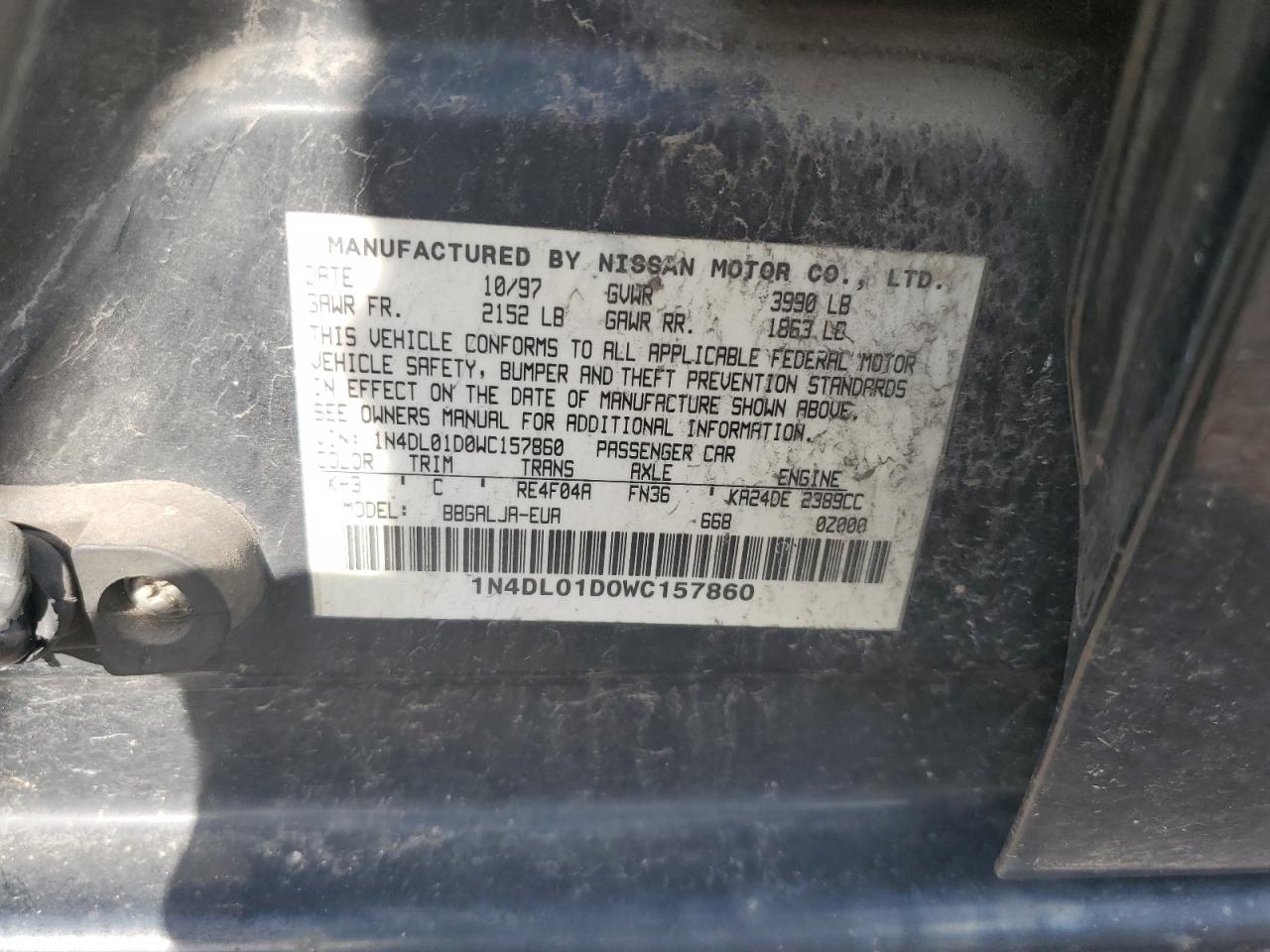 1N4DL01D0WC157860 1998 Nissan Altima Xe