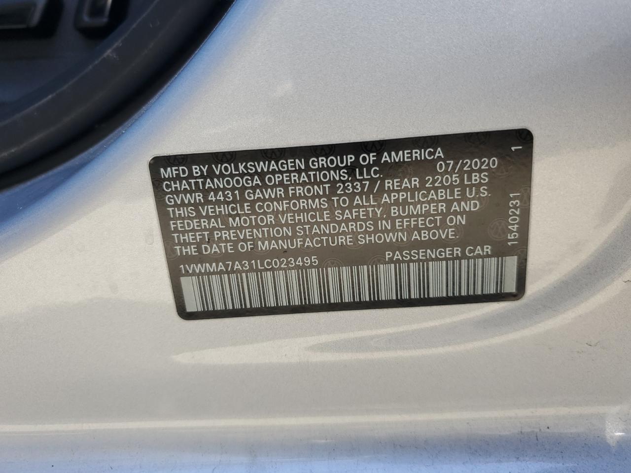 2020 Volkswagen Passat R-Line VIN: 1VWMA7A31LC023495 Lot: 68383574