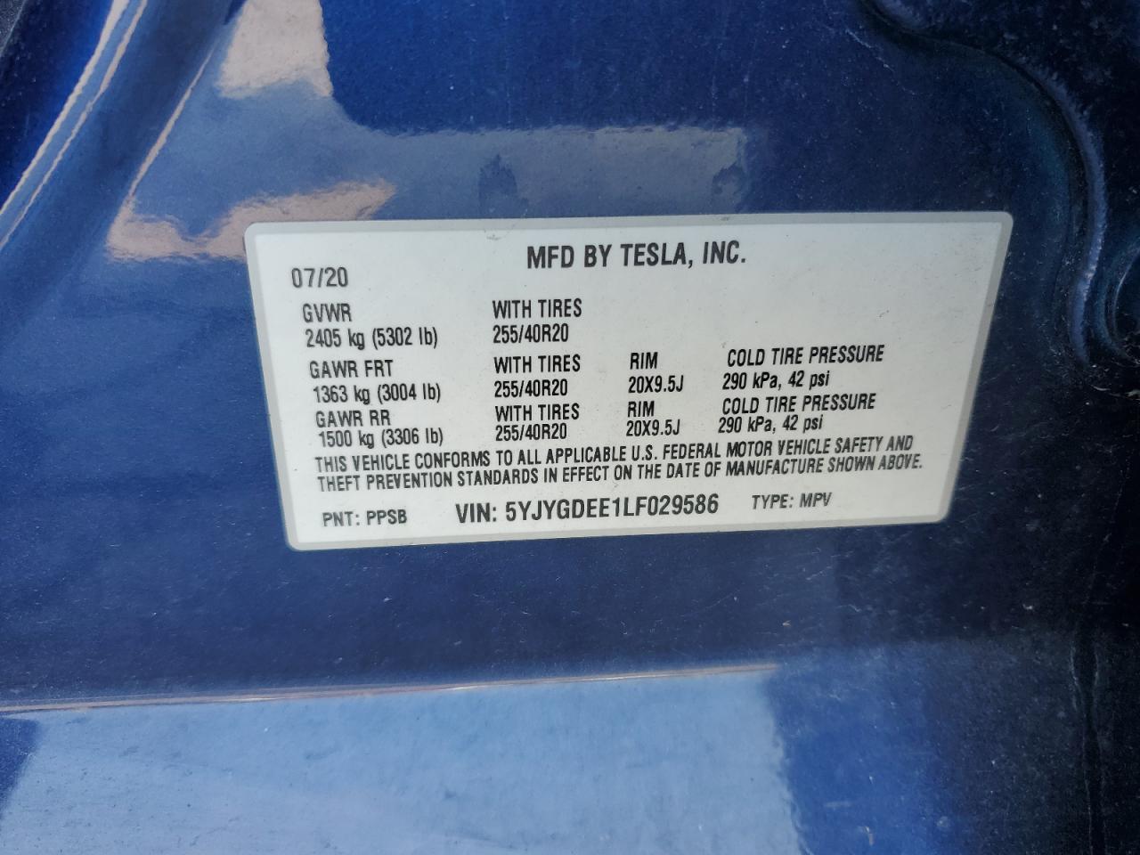 2020 Tesla Model Y VIN: 5YJYGDEE1LF029586 Lot: 68735765