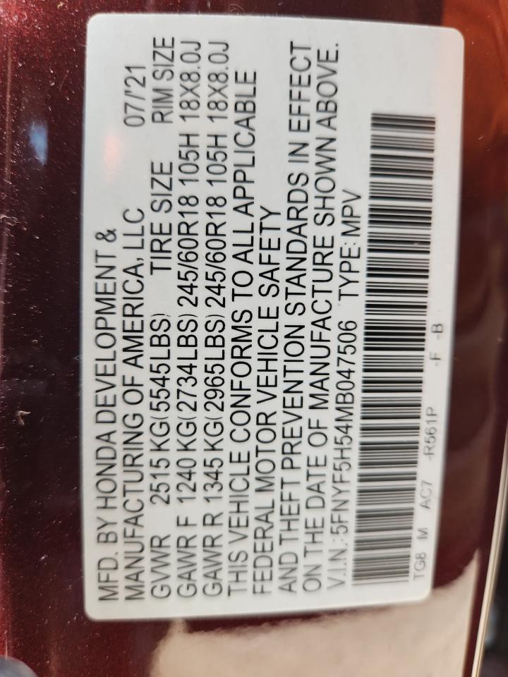 2021 Honda Pilot Exl VIN: 5FNYF5H54MB047506 Lot: 70453675