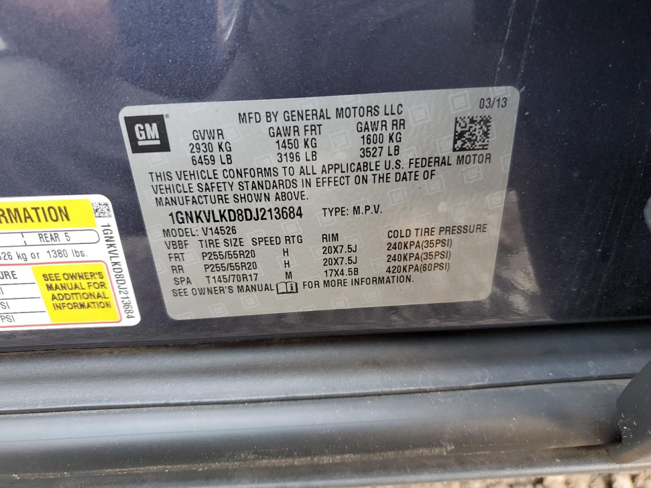 2013 Chevrolet Traverse Ltz VIN: 1GNKVLKD8DJ213684 Lot: 67402805