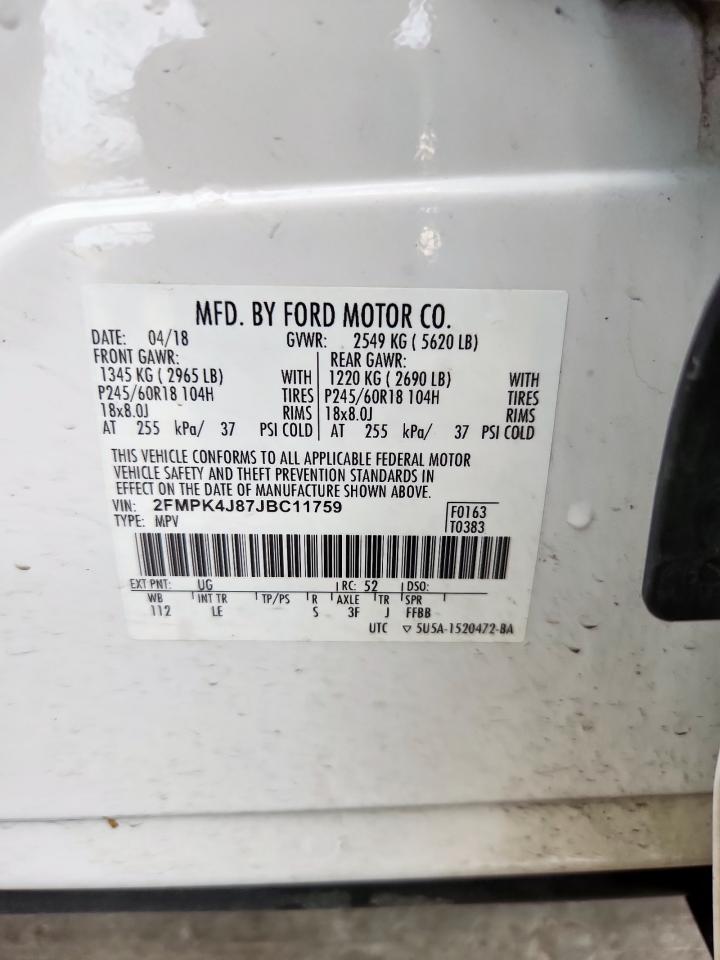 2018 Ford Edge Sel VIN: 2FMPK4J87JBC11759 Lot: 70104985