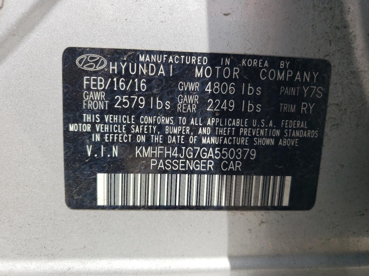 2016 Hyundai Azera Limited VIN: KMHFH4JG7GA550379 Lot: 68520685