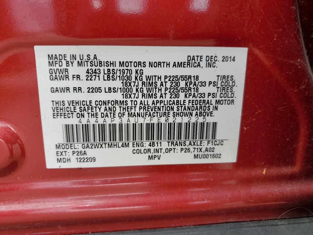 2015 Mitsubishi Outlander Sport Es VIN: 4A4AP3AU7FE021225 Lot: 70001875