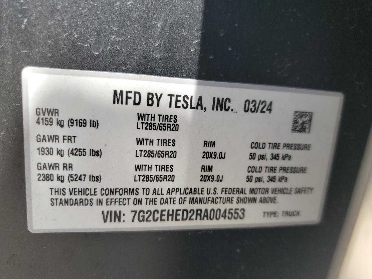 2024 Tesla Cybertruck VIN: 7G2CEHED2RA004553 Lot: 69480455