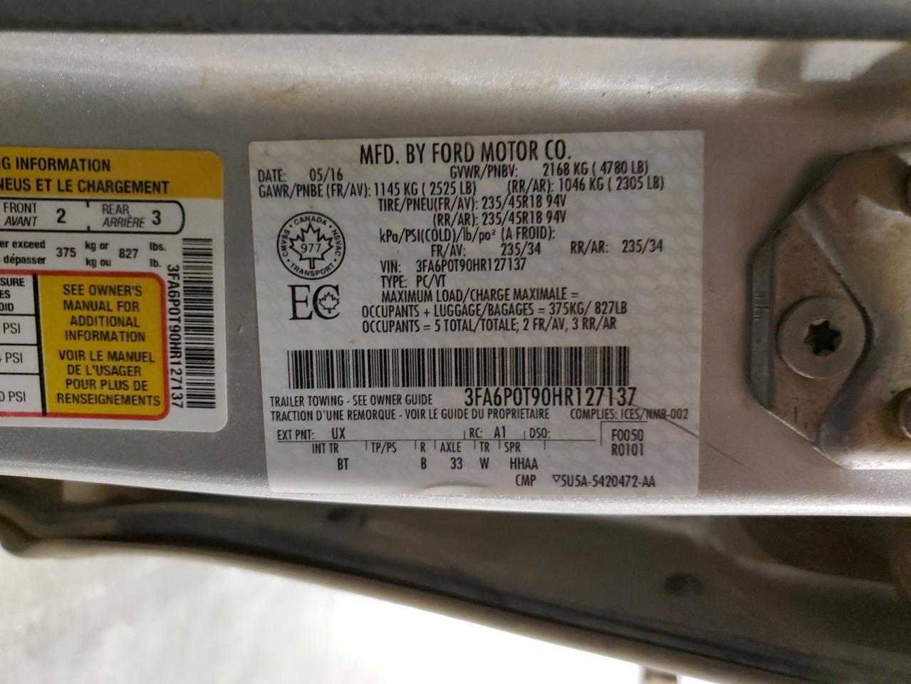 2017 Ford Fusion Se VIN: 3FA6P0T90HR127137 Lot: 69885645