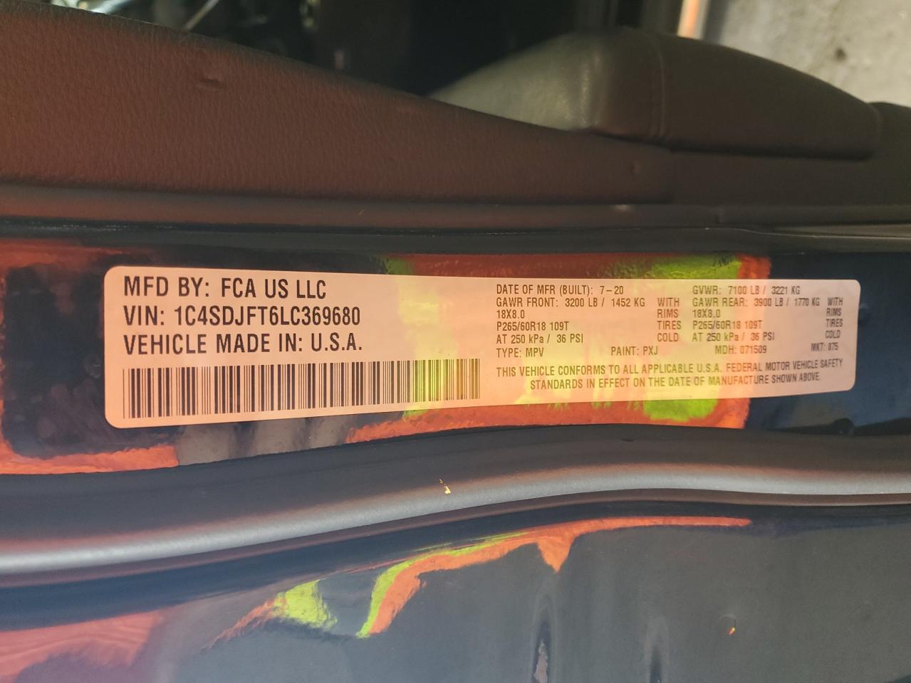 2020 Dodge Durango Ssv VIN: 1C4SDJFT6LC369680 Lot: 69559655