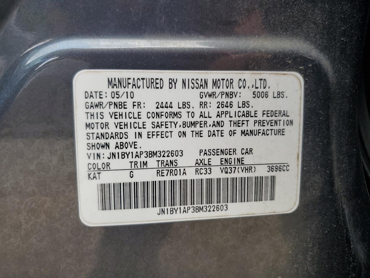 2011 Infiniti M37 VIN: JN1BY1AP3BM322603 Lot: 69312755