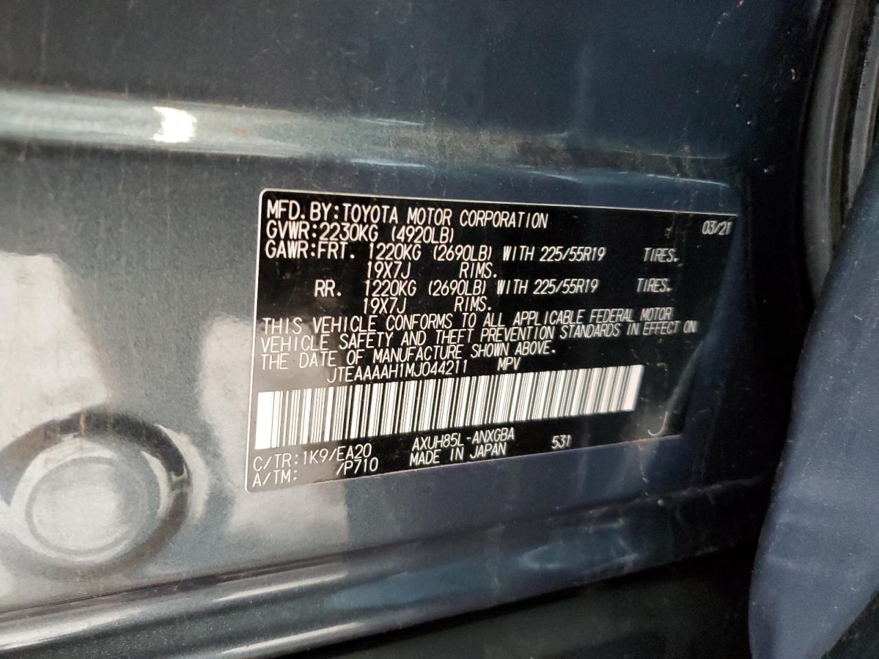 2021 Toyota Venza Le VIN: JTEAAAAH1MJ044211 Lot: 70508125