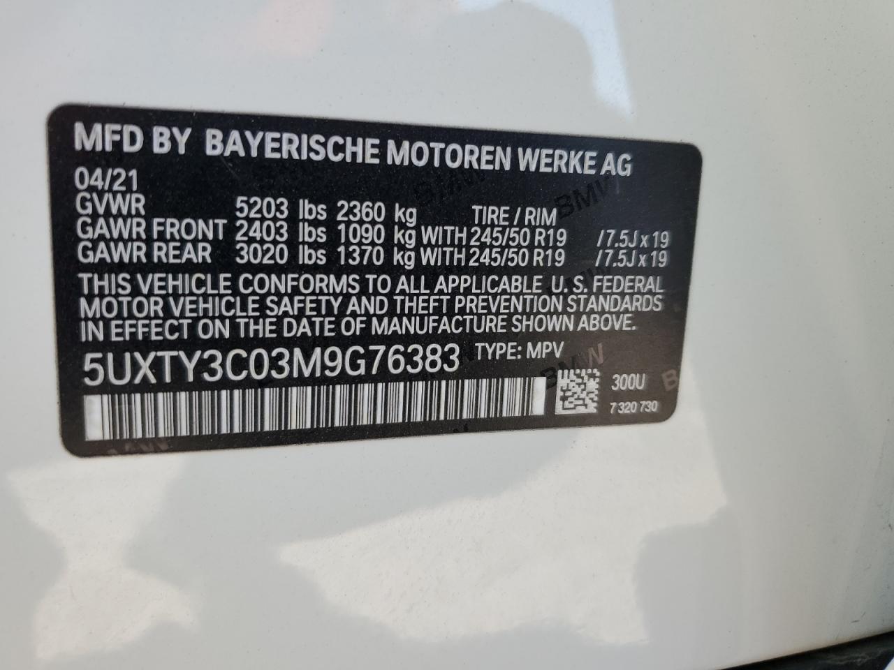 2021 BMW X3 Sdrive30I VIN: 5UXTY3C03M9G76383 Lot: 67670445