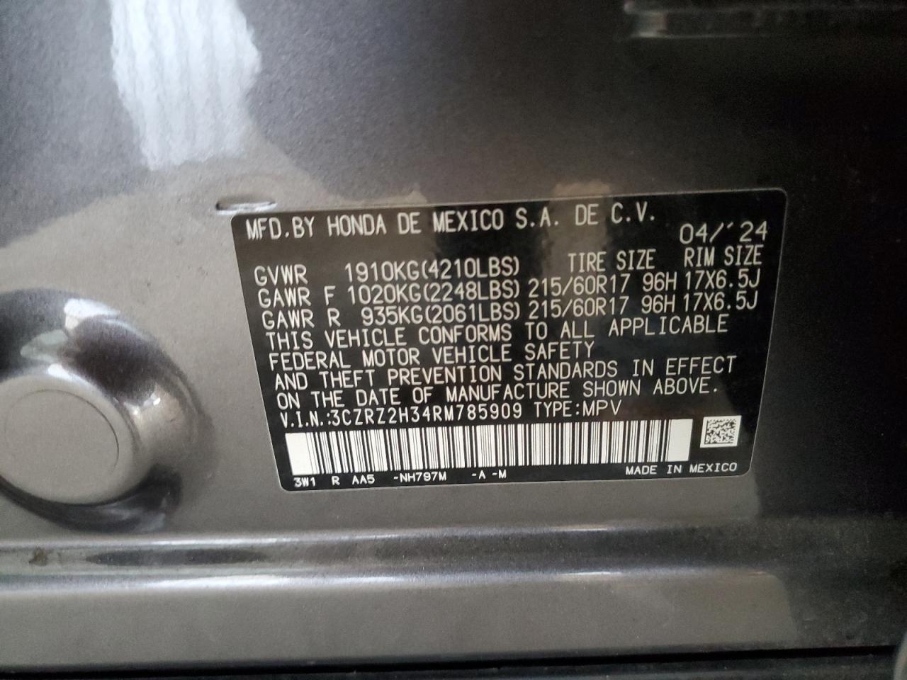 2024 Honda Hr-V Lx VIN: 3CZRZ2H34RM785909 Lot: 69442215