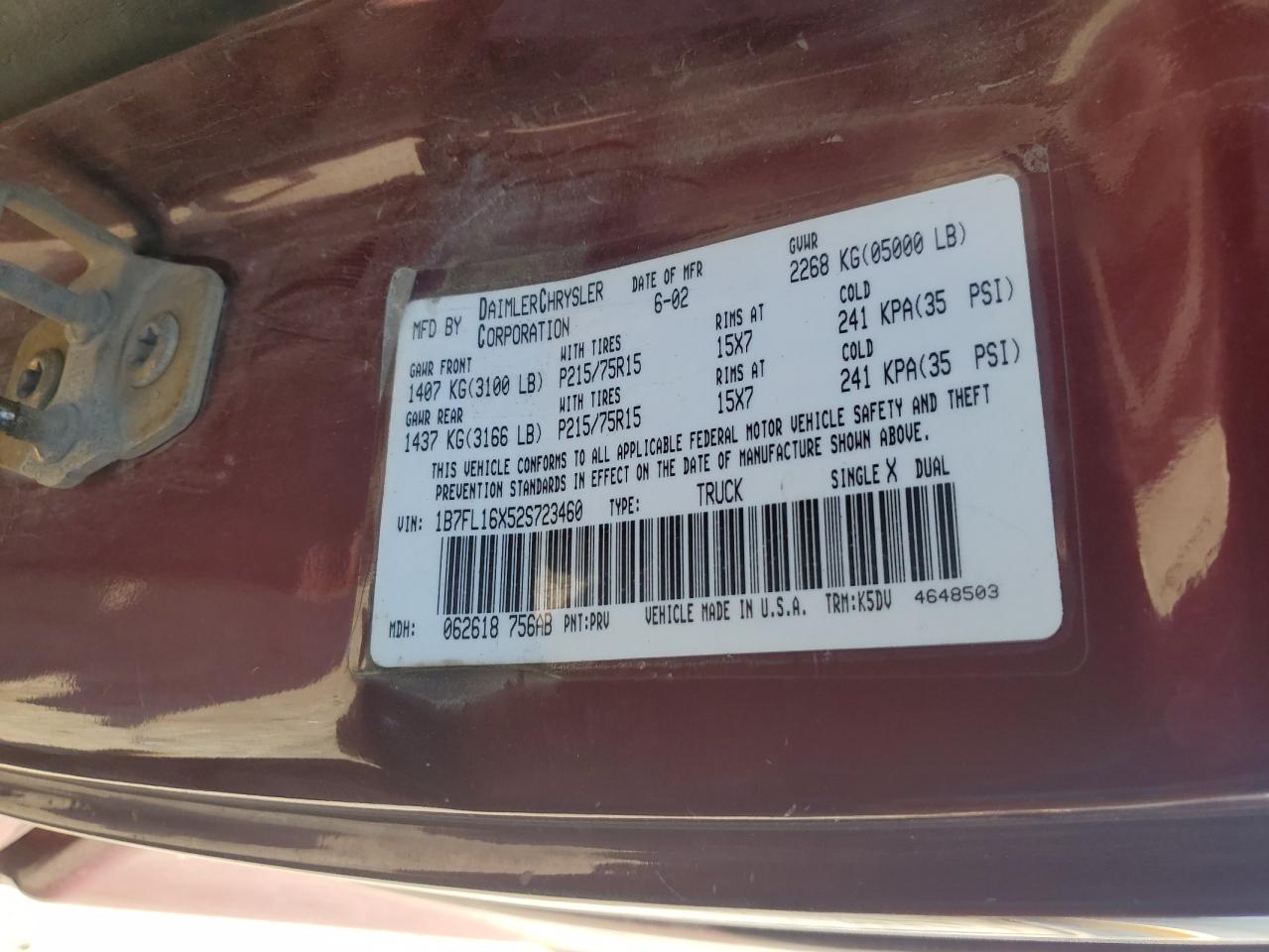 2002 Dodge Dakota Base VIN: 1B7FL16X52S723460 Lot: 68029915